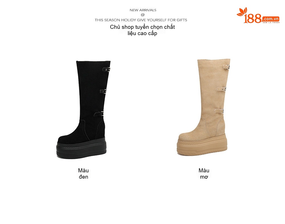 Boot Nữ Cao Cổ Da Mờ Đế Dày Tăng Chiều Cao 12cm Màu Be, Đen chi tiết 2
