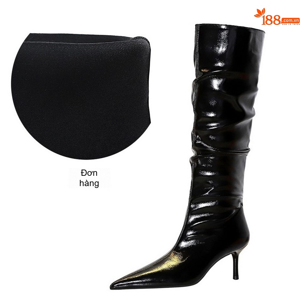 Boot Nữ Cao Cổ Gót Nhọn Da Bóng Bề Mặt Nhăn Chiều Cao Đế Khoảng 6cm Màu Đen