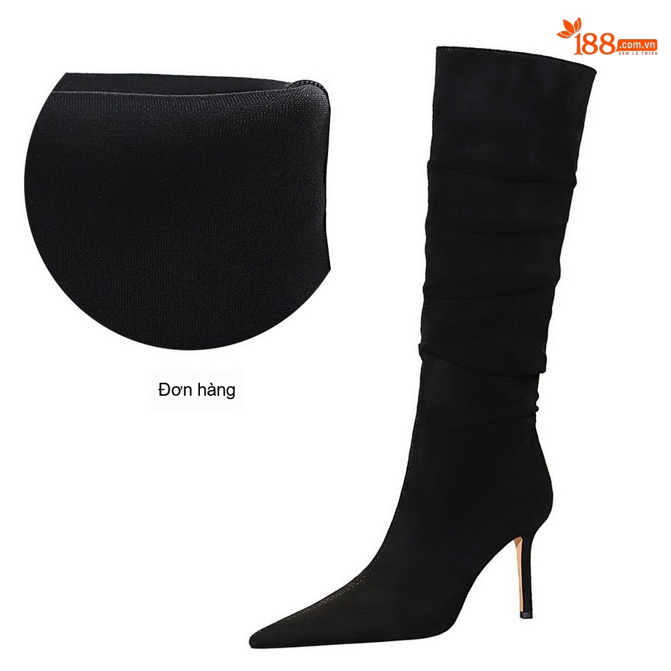 Boot Nữ Cao Gót Da Lộn Mũi Nhọn Dáng Ôm Gót Nhọn Cao Cấp Chiều Cao Đế Khoảng 8cm Màu Đen