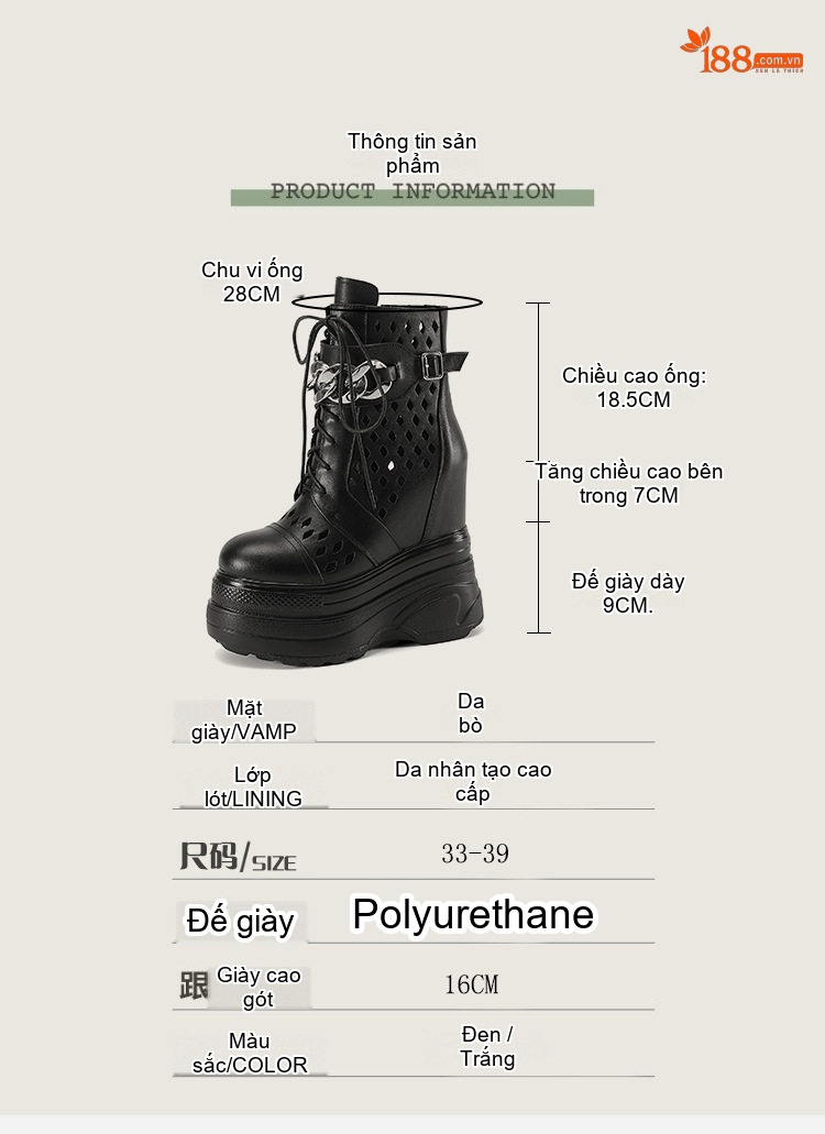 Boot Nữ Cao Gót Đế Dày 16cm Khoét Lỗ Thoáng Khí Da Bóng Màu Đen, Trắng chi tiết 2