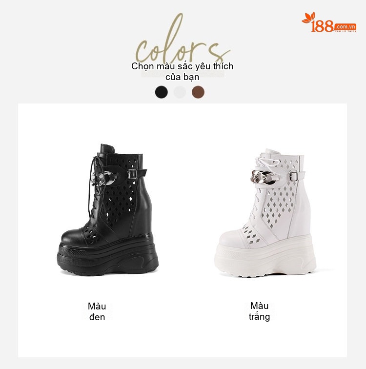 Boot Nữ Cao Gót Đế Dày 16cm Khoét Lỗ Thoáng Khí Da Bóng Màu Đen, Trắng chi tiết 3