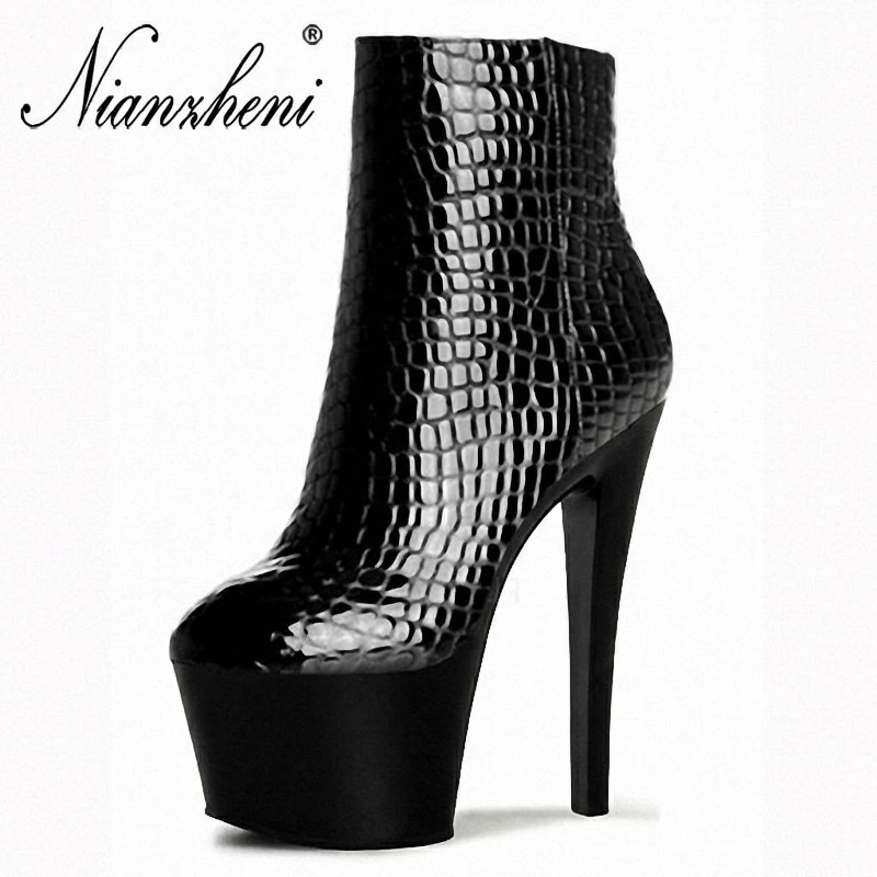 Boot Nữ Cao Gót Đế Xuồng Da Bóng Chiều Cao Đế 17cm Màu Đen