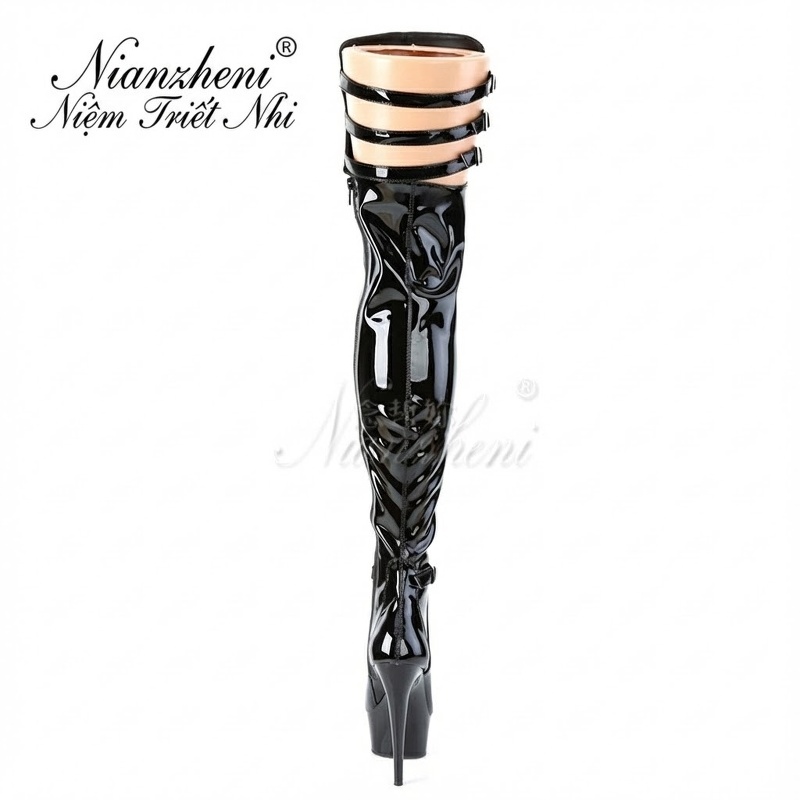 Boot Nữ Cao Gót Hở Ngón Da Bóng Chiều Cao Đế Khoảng 15cm Màu Đen