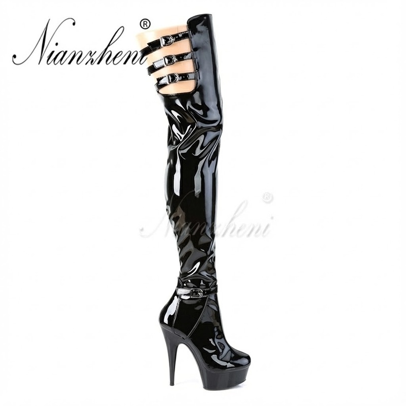 Boot Nữ Cao Gót Hở Ngón Da Bóng Chiều Cao Đế Khoảng 15cm Màu Đen
