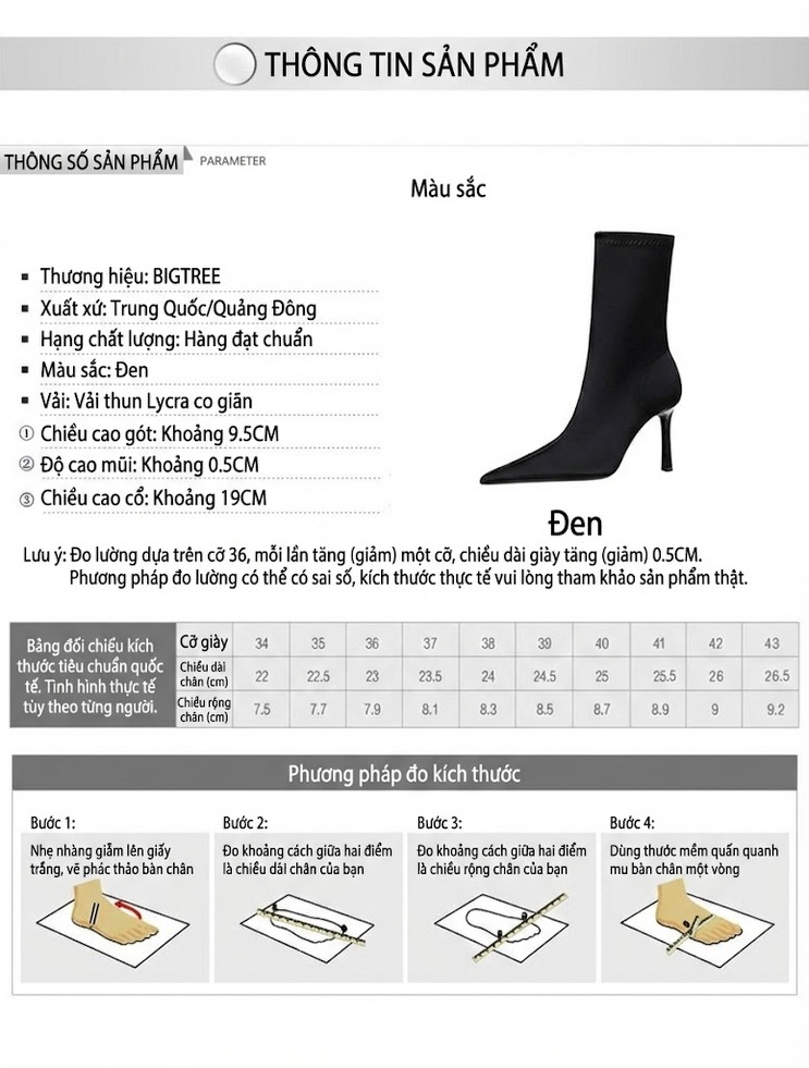 Boot Nữ Cao Gót Ôm Chân Mũi Nhọn Phong Cách Âu Mỹ Chiều Cao Đế Khoảng 8cm Màu Đen chi tiết 1