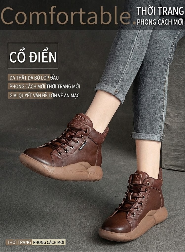 Boot Nữ Cổ Cao Da Bò Buộc Dây Phong Cách Retro Chiều Cao Đế Khoảng 5cm Màu Nâu, Đen, Kem chi tiết 1