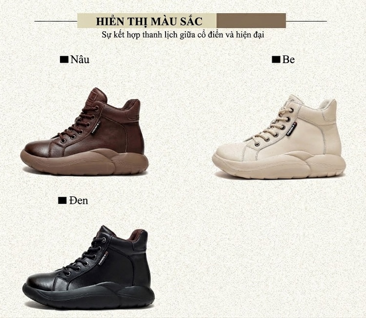 Boot Nữ Cổ Cao Da Bò Buộc Dây Phong Cách Retro Chiều Cao Đế Khoảng 5cm Màu Nâu, Đen, Kem chi tiết 2