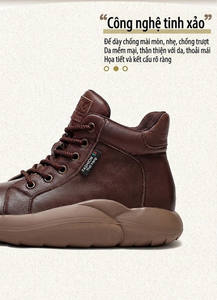 Boot Nữ Cổ Cao Da Bò Buộc Dây Phong Cách Retro Chiều Cao Đế Khoảng 5cm Màu Nâu, Đen, Kem chi tiết 3