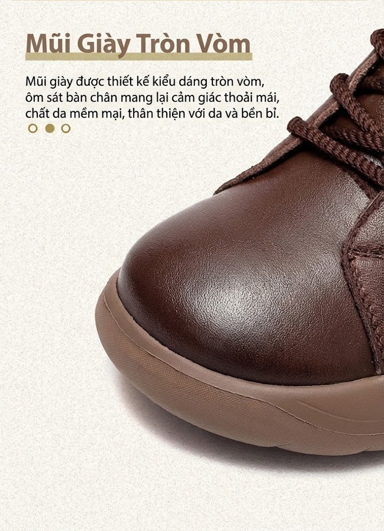 Boot Nữ Cổ Cao Da Bò Buộc Dây Phong Cách Retro Chiều Cao Đế Khoảng 5cm Màu Nâu, Đen, Kem chi tiết 4