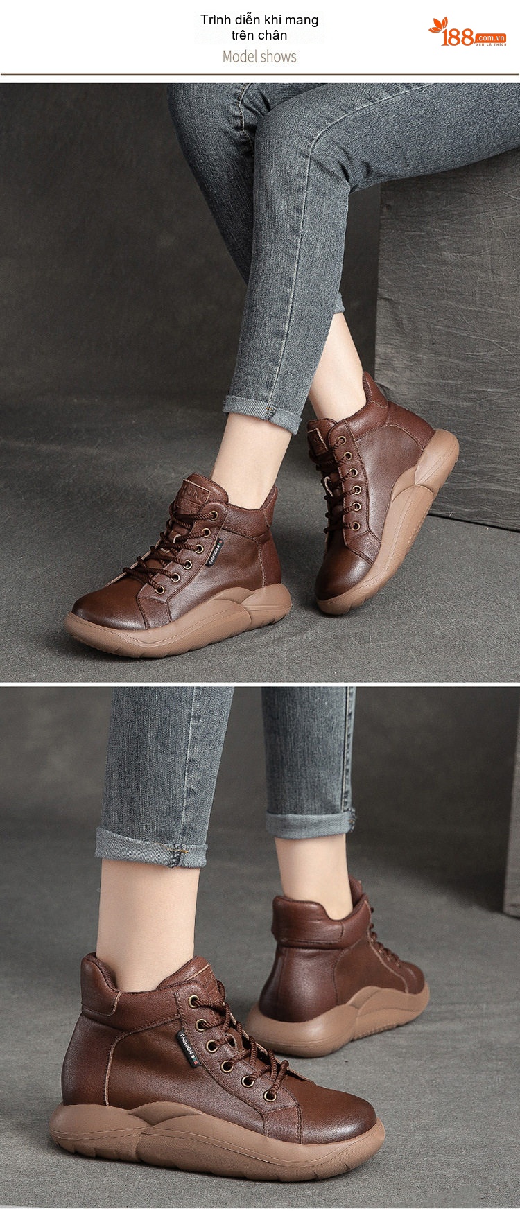 Boot Nữ Cổ Cao Da Bò Buộc Dây Phong Cách Retro Chiều Cao Đế Khoảng 5cm Màu Nâu, Đen, Kem chi tiết 8