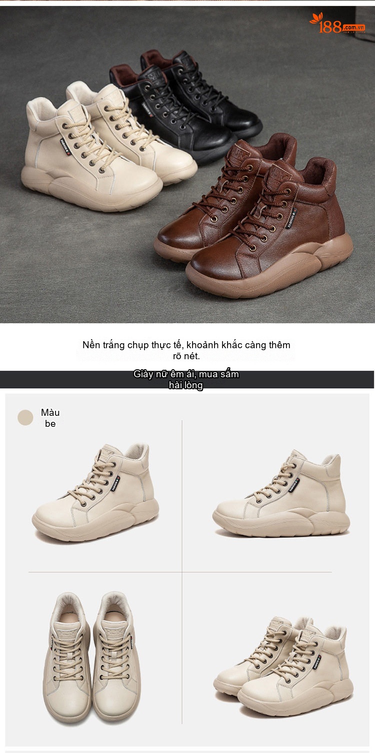 Boot Nữ Cổ Cao Da Bò Buộc Dây Phong Cách Retro Chiều Cao Đế Khoảng 5cm Màu Nâu, Đen, Kem chi tiết 15