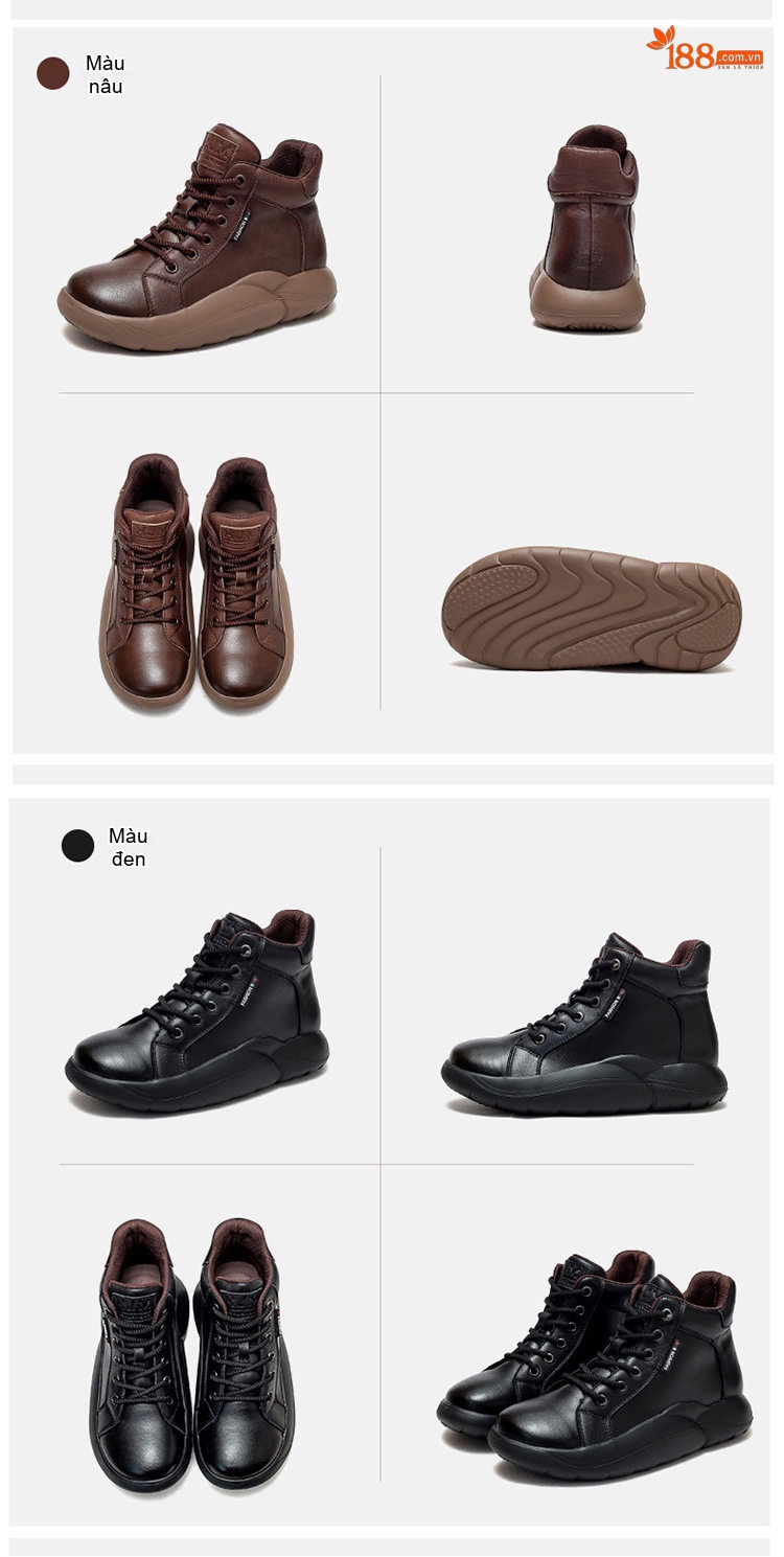 Boot Nữ Cổ Cao Da Bò Buộc Dây Phong Cách Retro Chiều Cao Đế Khoảng 5cm Màu Nâu, Đen, Kem chi tiết 16