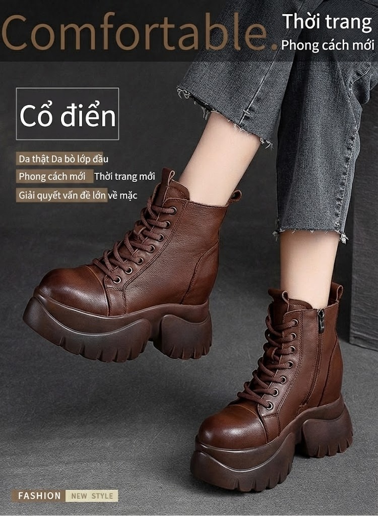 Boot Nữ Cổ Cao Da Bò Dây Buộc Bên Hông Chiều Cao Đế Khoảng 8cm Màu Đen, Nâu chi tiết 1
