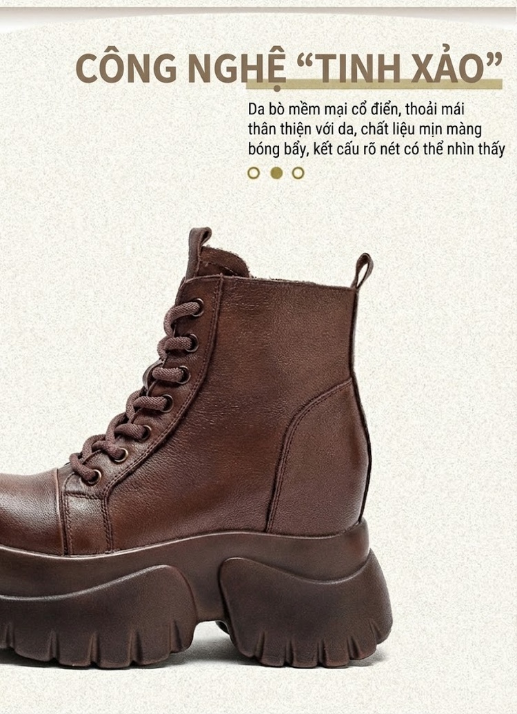 Boot Nữ Cổ Cao Da Bò Dây Buộc Bên Hông Chiều Cao Đế Khoảng 8cm Màu Đen, Nâu chi tiết 2