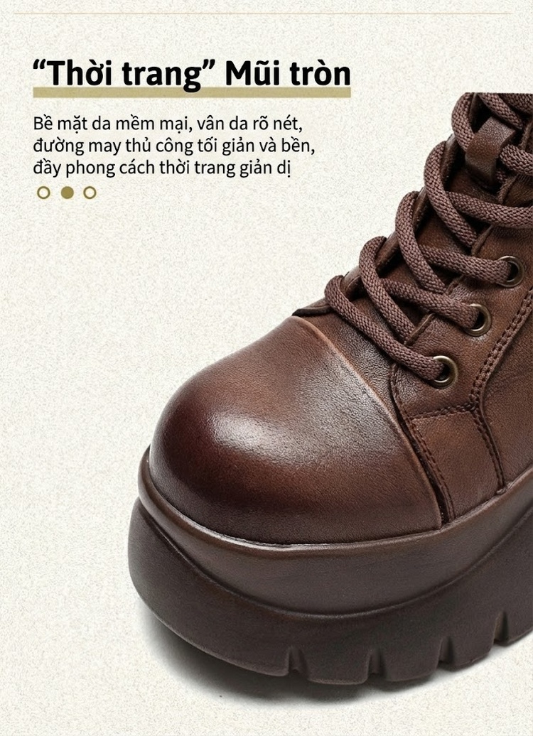 Boot Nữ Cổ Cao Da Bò Dây Buộc Bên Hông Chiều Cao Đế Khoảng 8cm Màu Đen, Nâu chi tiết 3