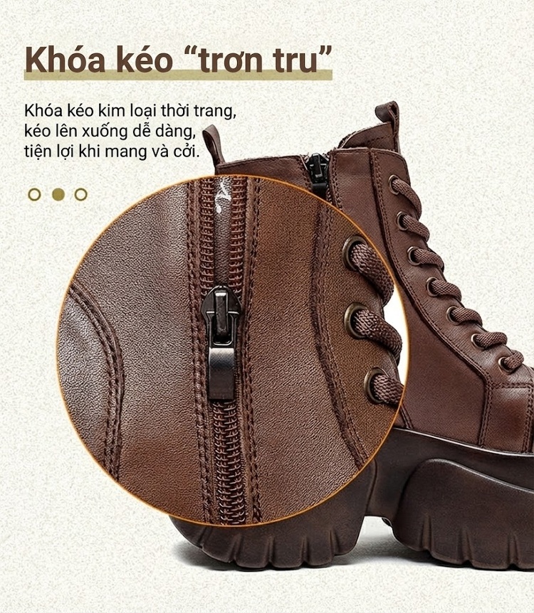 Boot Nữ Cổ Cao Da Bò Dây Buộc Bên Hông Chiều Cao Đế Khoảng 8cm Màu Đen, Nâu chi tiết 6