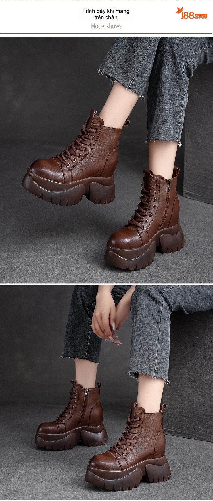 Boot Nữ Cổ Cao Da Bò Dây Buộc Bên Hông Chiều Cao Đế Khoảng 8cm Màu Đen, Nâu chi tiết 7