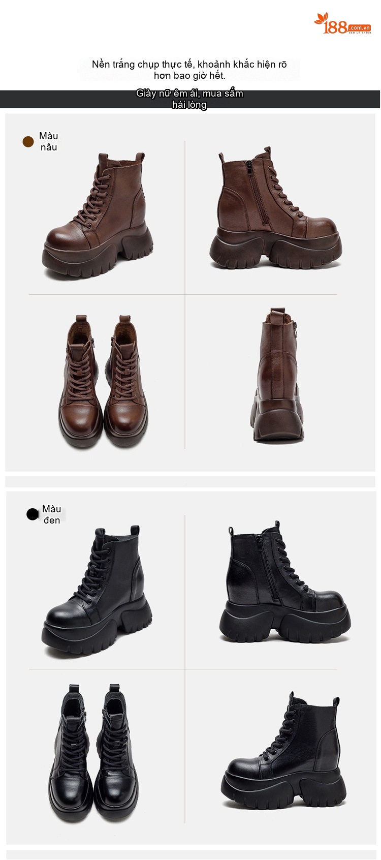 Boot Nữ Cổ Cao Da Bò Dây Buộc Bên Hông Chiều Cao Đế Khoảng 8cm Màu Đen, Nâu chi tiết 14