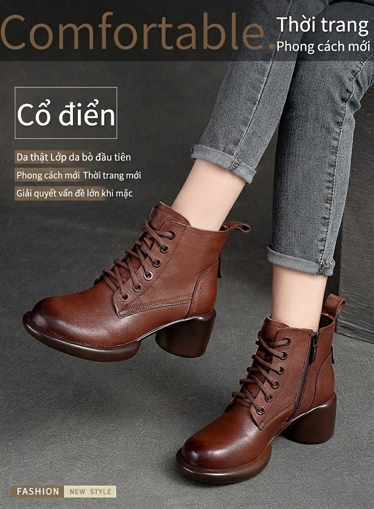 Boot Nữ Cổ Cao Da Bò Khóa Bên Hông Chiều Cao Đế Khoảng 5cm Màu Đen, Nâu chi tiết 2
