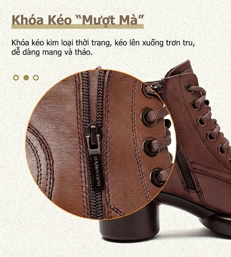 Boot Nữ Cổ Cao Da Bò Khóa Bên Hông Chiều Cao Đế Khoảng 5cm Màu Đen, Nâu chi tiết 7