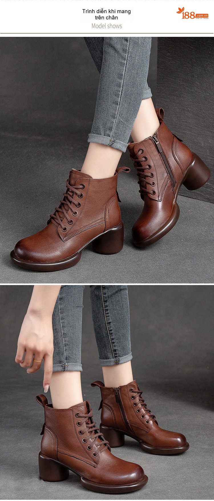 Boot Nữ Cổ Cao Da Bò Khóa Bên Hông Chiều Cao Đế Khoảng 5cm Màu Đen, Nâu chi tiết 8