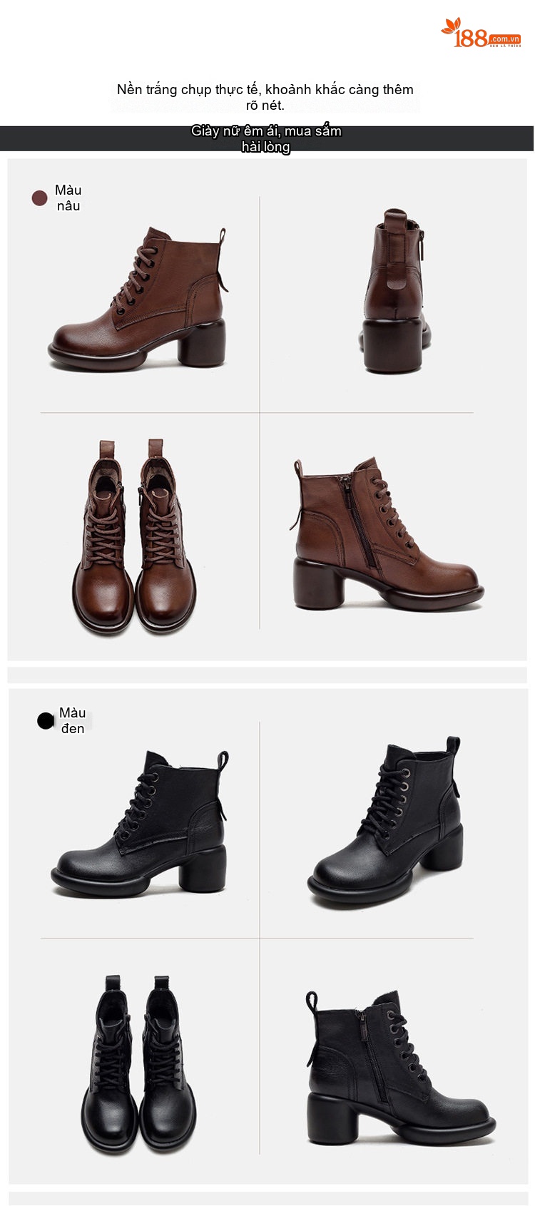 Boot Nữ Cổ Cao Da Bò Khóa Bên Hông Chiều Cao Đế Khoảng 5cm Màu Đen, Nâu chi tiết 15