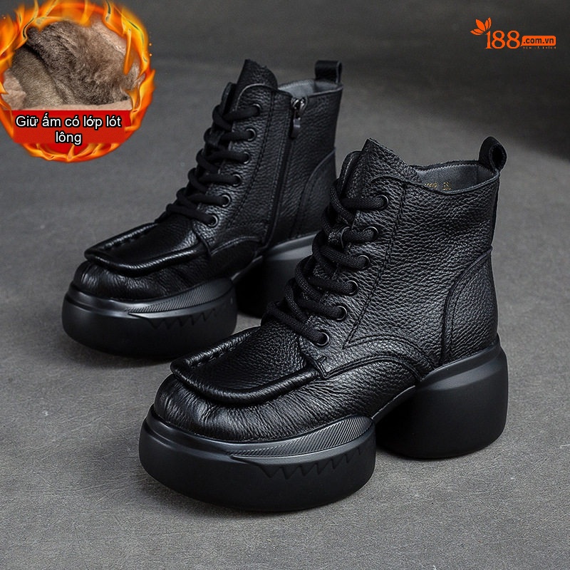 Boot Nữ Cổ Cao Da Bò Khóa Bên Hông Phong Cách Vintage Chiều Cao Đế Khoảng 6cm Màu Đen, Nâu
