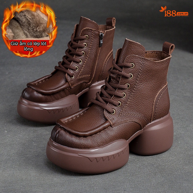 Boot Nữ Cổ Cao Da Bò Khóa Bên Hông Phong Cách Vintage Chiều Cao Đế Khoảng 6cm Màu Đen, Nâu