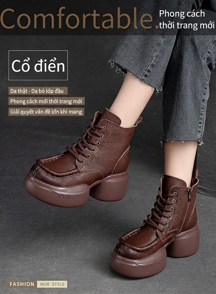Boot Nữ Cổ Cao Da Bò Khóa Bên Hông Phong Cách Vintage Chiều Cao Đế Khoảng 6cm Màu Đen, Nâu chi tiết 1