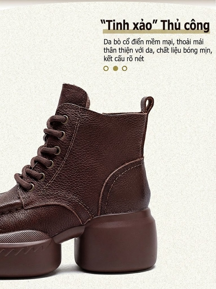 Boot Nữ Cổ Cao Da Bò Khóa Bên Hông Phong Cách Vintage Chiều Cao Đế Khoảng 6cm Màu Đen, Nâu chi tiết 2