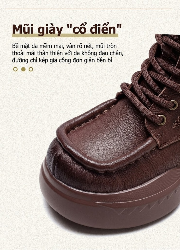 Boot Nữ Cổ Cao Da Bò Khóa Bên Hông Phong Cách Vintage Chiều Cao Đế Khoảng 6cm Màu Đen, Nâu chi tiết 3