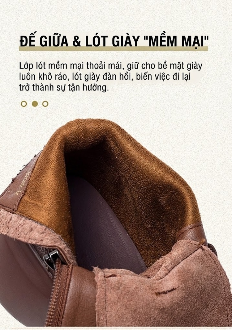 Boot Nữ Cổ Cao Da Bò Khóa Bên Hông Phong Cách Vintage Chiều Cao Đế Khoảng 6cm Màu Đen, Nâu chi tiết 5