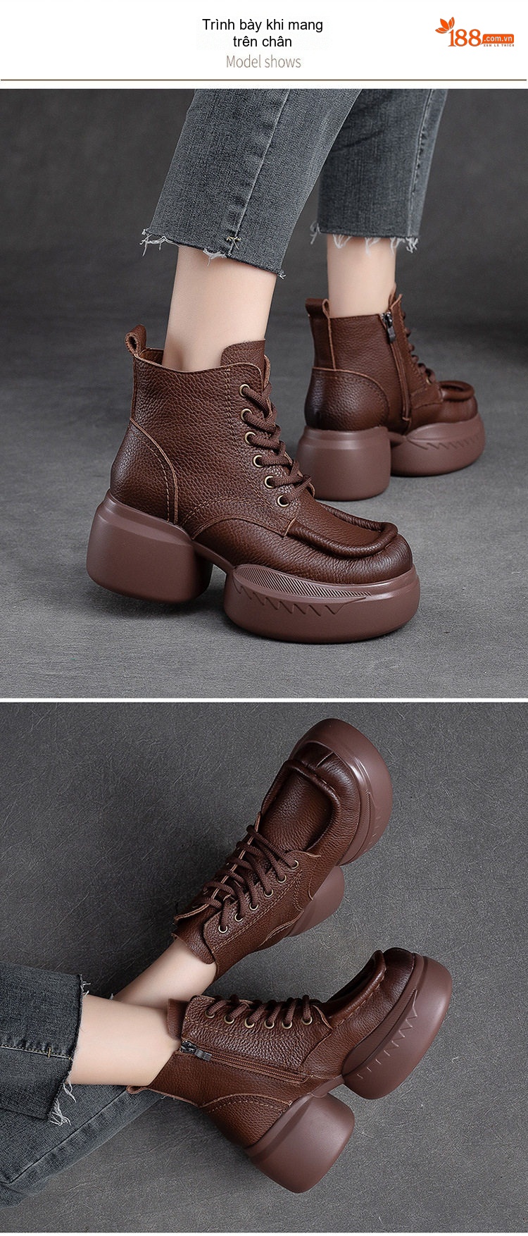 Boot Nữ Cổ Cao Da Bò Khóa Bên Hông Phong Cách Vintage Chiều Cao Đế Khoảng 6cm Màu Đen, Nâu chi tiết 7