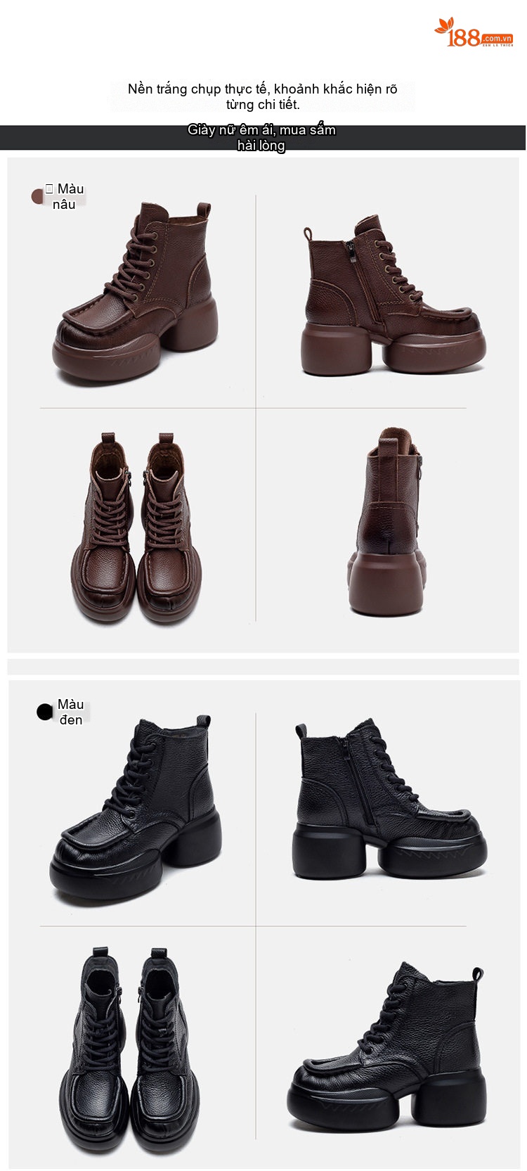Boot Nữ Cổ Cao Da Bò Khóa Bên Hông Phong Cách Vintage Chiều Cao Đế Khoảng 6cm Màu Đen, Nâu chi tiết 14