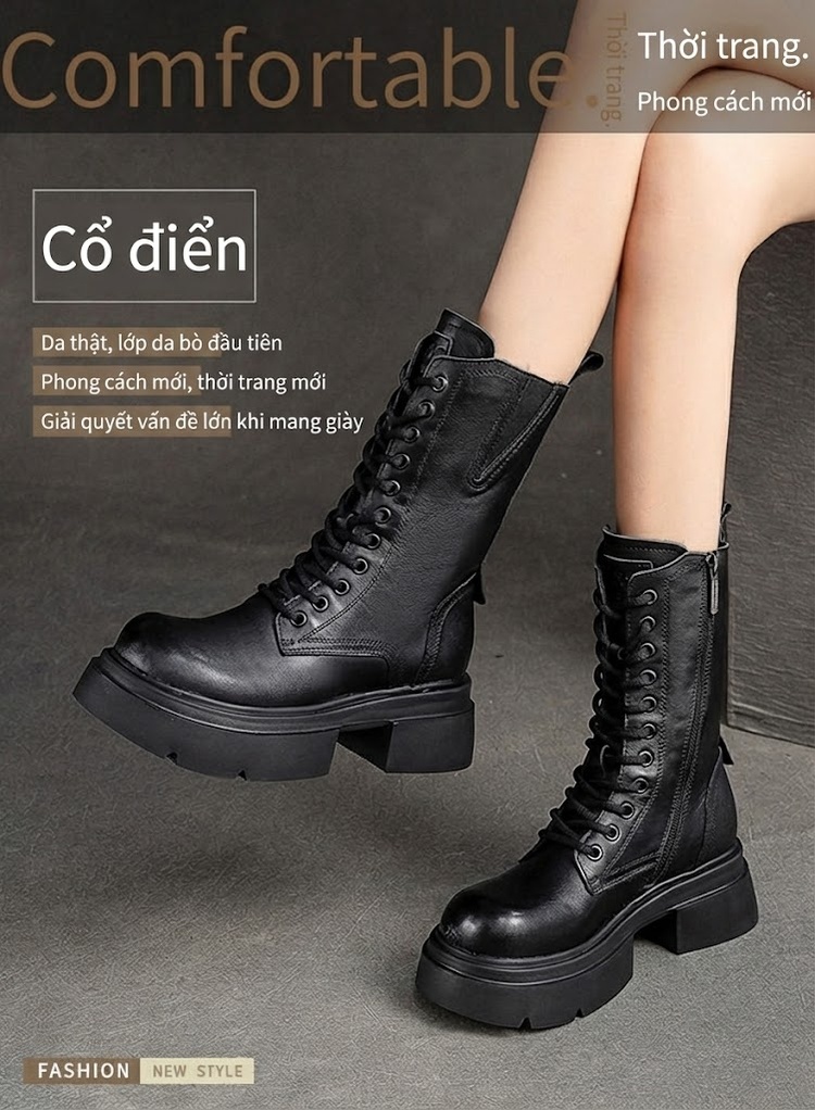 Boot Nữ Cổ Cao Da Bò Khoá Kéo Bên Hông Chiều Cao Đế Khoảng 4cm Màu Đen, Nâu chi tiết 2