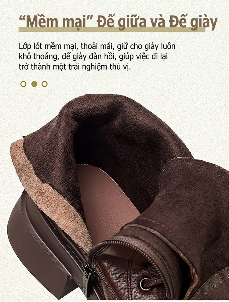 Boot Nữ Cổ Cao Da Bò Khoá Kéo Bên Hông Chiều Cao Đế Khoảng 4cm Màu Đen, Nâu chi tiết 6