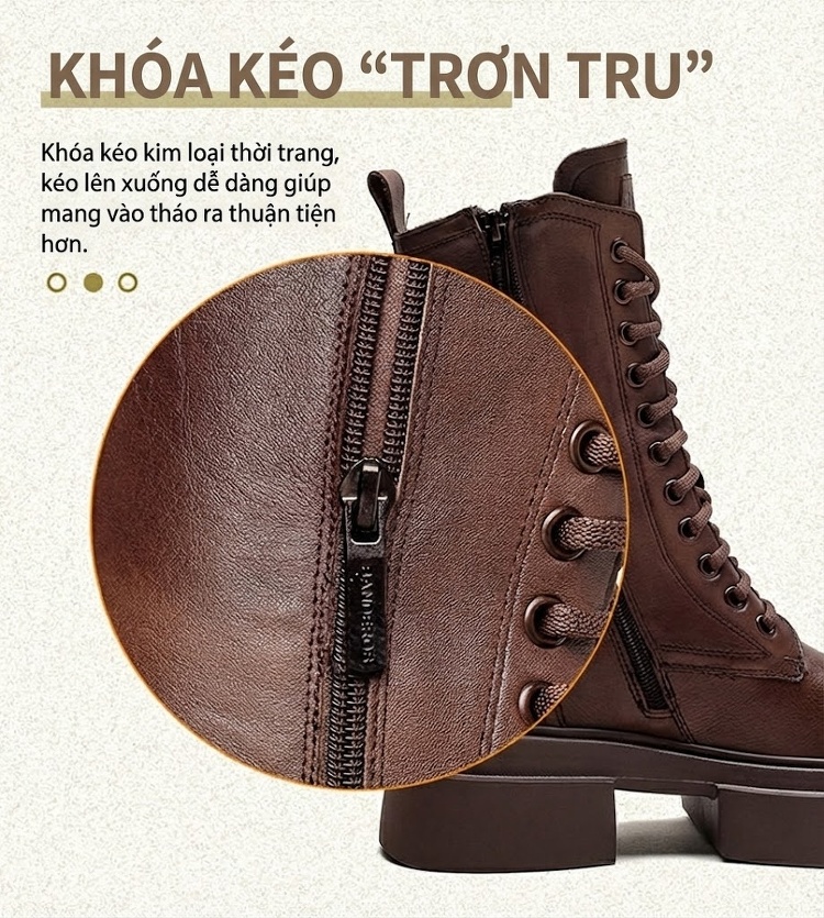 Boot Nữ Cổ Cao Da Bò Khoá Kéo Bên Hông Chiều Cao Đế Khoảng 4cm Màu Đen, Nâu chi tiết 7
