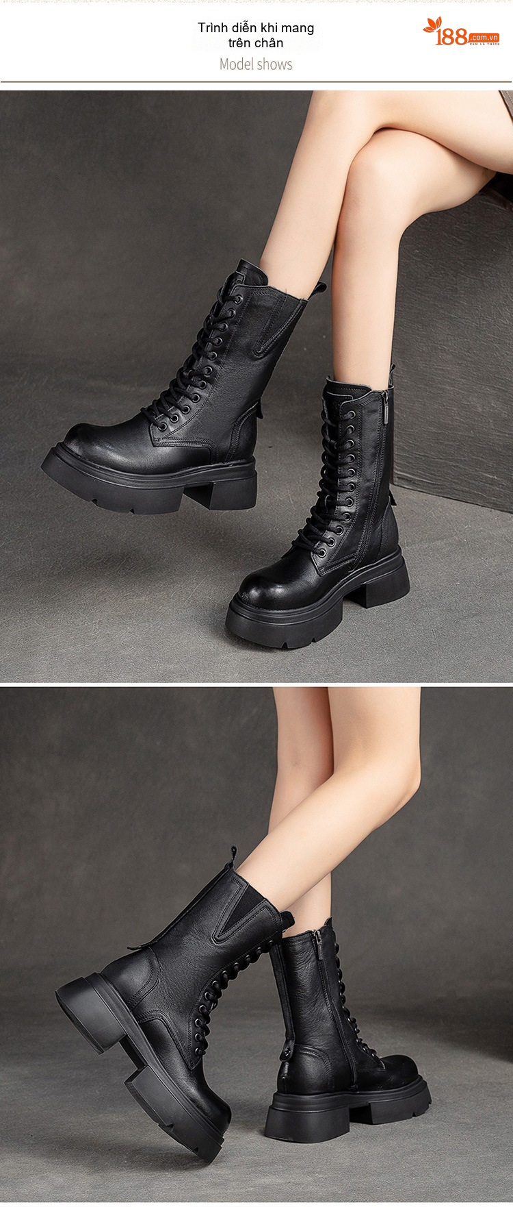 Boot Nữ Cổ Cao Da Bò Khoá Kéo Bên Hông Chiều Cao Đế Khoảng 4cm Màu Đen, Nâu chi tiết 8