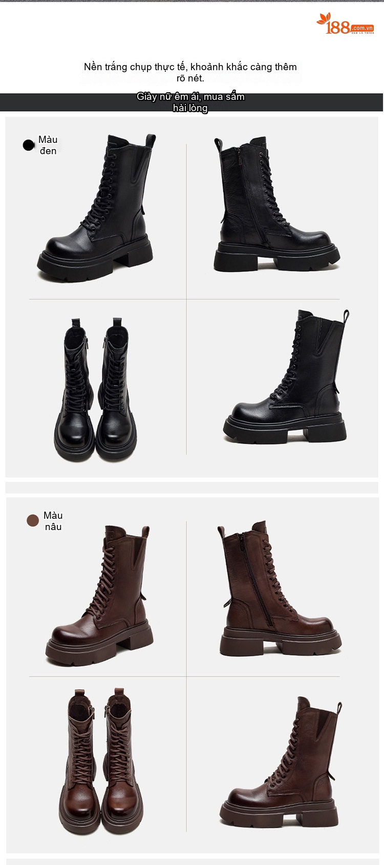 Boot Nữ Cổ Cao Da Bò Khoá Kéo Bên Hông Chiều Cao Đế Khoảng 4cm Màu Đen, Nâu chi tiết 15