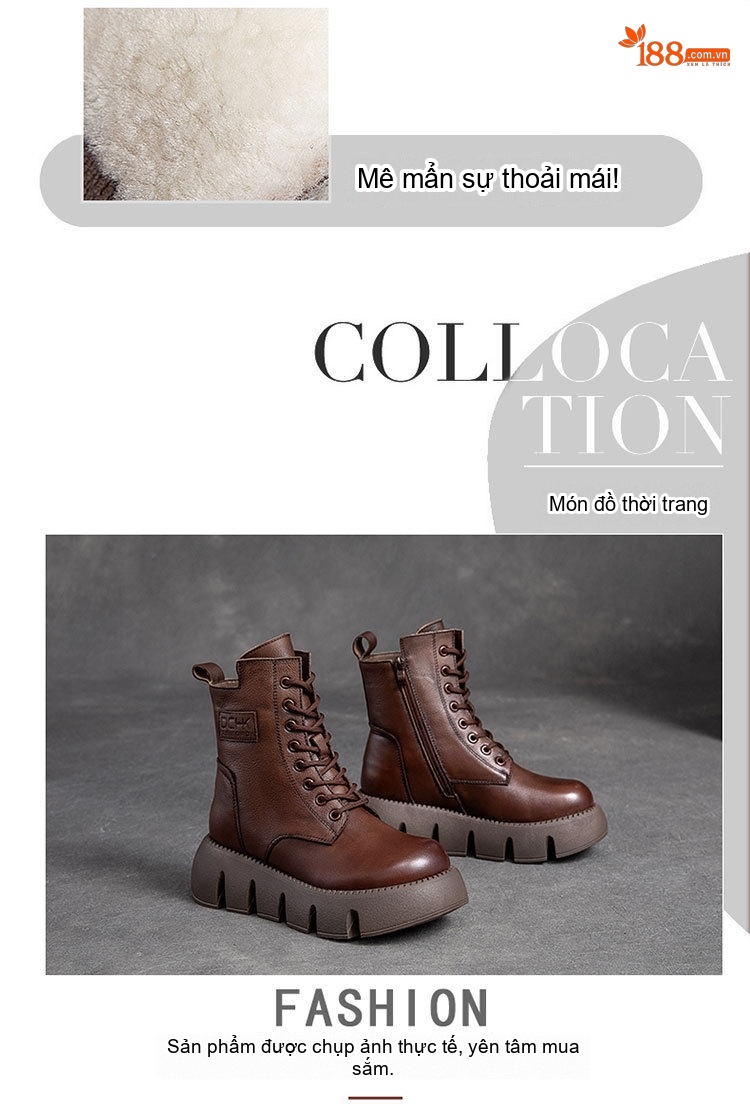 Boot Nữ Cổ Cao Da Bò Lót Lông Chiều Cao Đế Khoảng 5cm Màu Nâu, Đen chi tiết 5