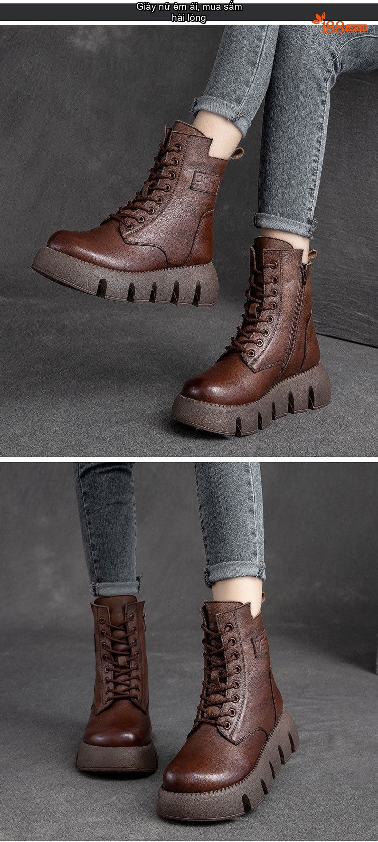 Boot Nữ Cổ Cao Da Bò Lót Lông Chiều Cao Đế Khoảng 5cm Màu Nâu, Đen chi tiết 7
