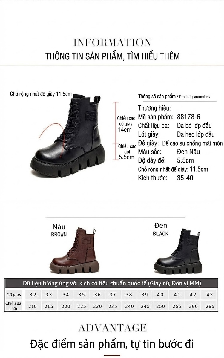 Boot Nữ Cổ Cao Da Bò Lót Lông Chiều Cao Đế Khoảng 5cm Màu Nâu, Đen chi tiết 2