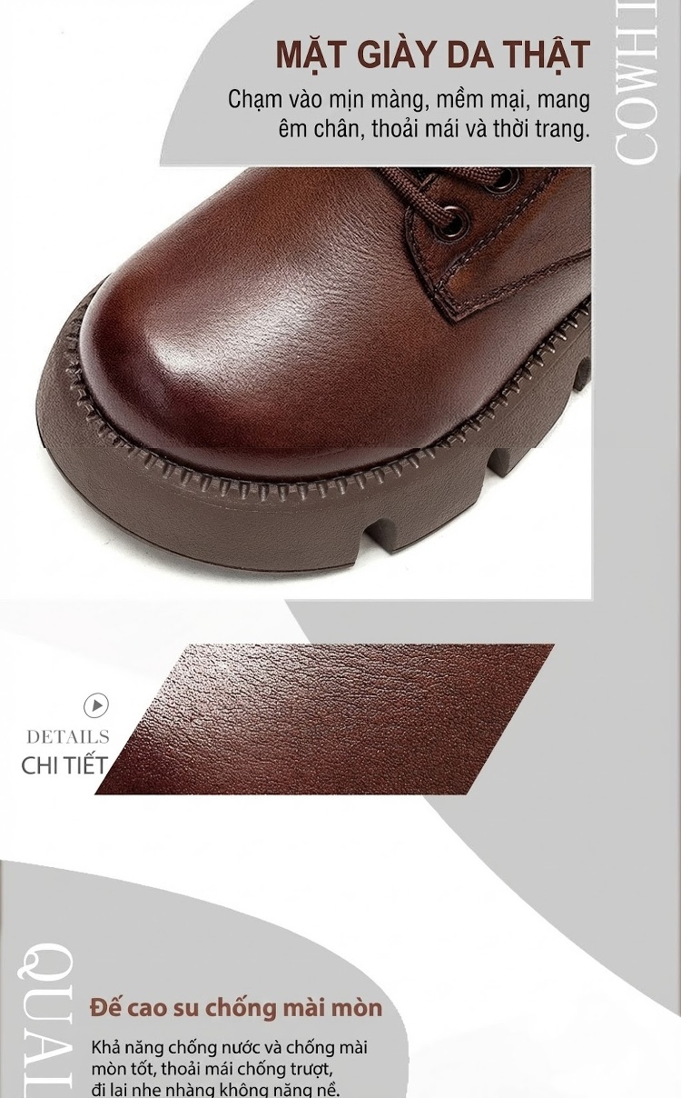 Boot Nữ Cổ Cao Da Bò Lót Lông Chiều Cao Đế Khoảng 5cm Màu Nâu, Đen chi tiết 3
