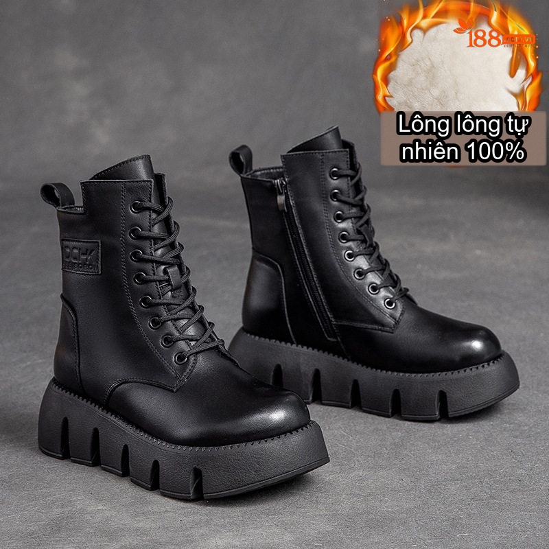 Boot Nữ Cổ Cao Da Bò Lót Lông Chiều Cao Đế Khoảng 5cm Màu Nâu, Đen
