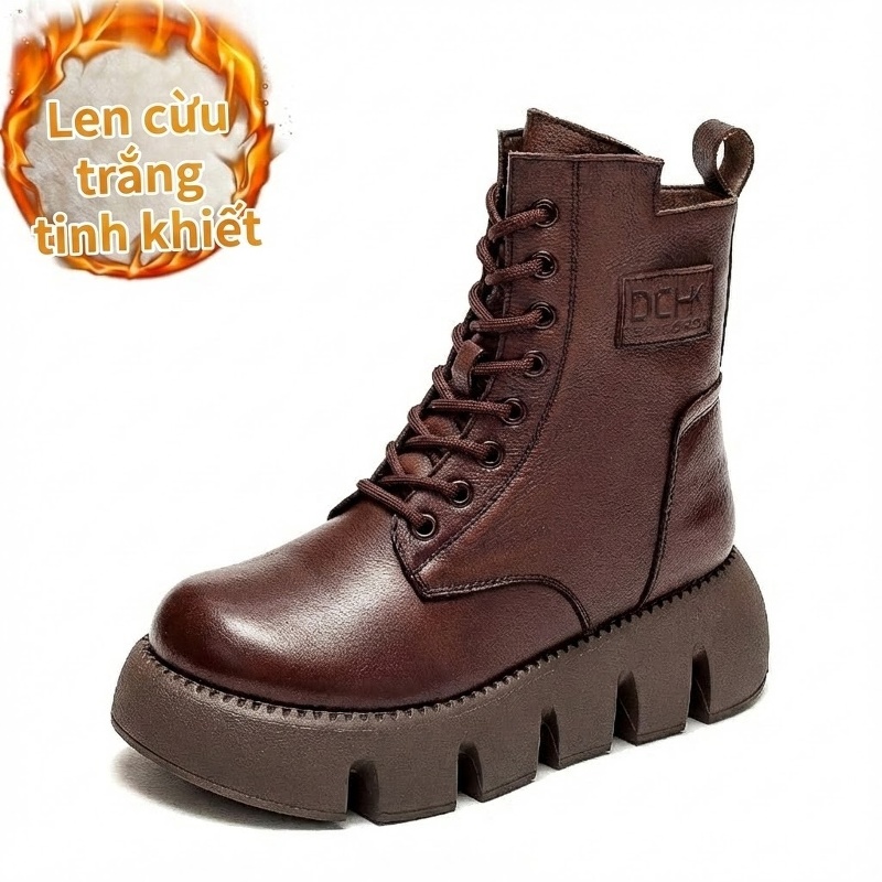 Boot Nữ Cổ Cao Da Bò Lót Lông Chiều Cao Đế Khoảng 5cm Màu Nâu, Đen