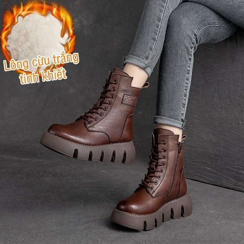 Boot Nữ Cổ Cao Da Bò Lót Lông Chiều Cao Đế Khoảng 5cm Màu Nâu, Đen