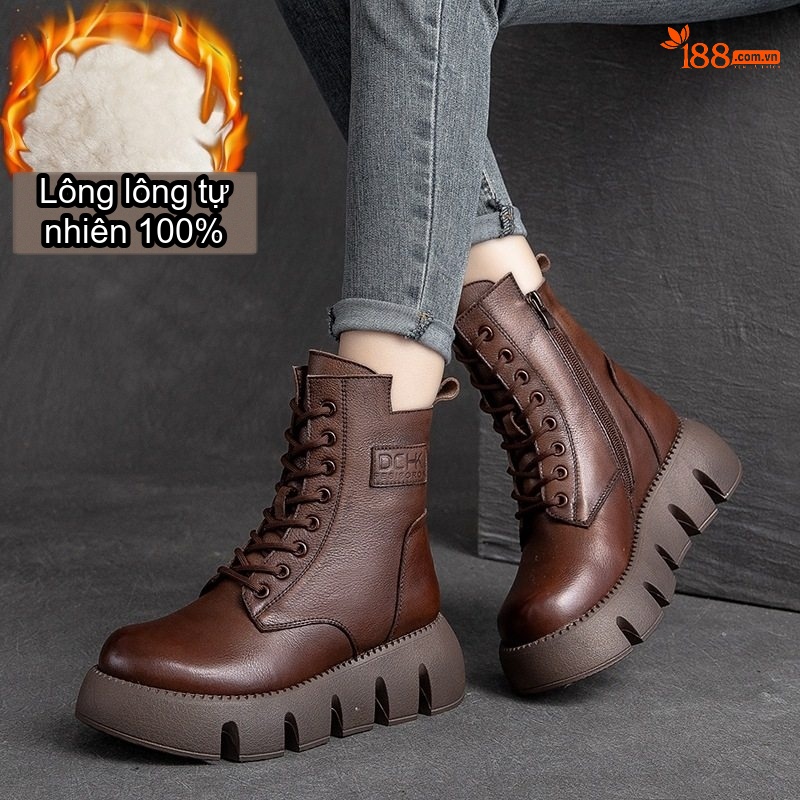 Boot Nữ Cổ Cao Da Bò Lót Lông Chiều Cao Đế Khoảng 5cm Màu Nâu, Đen