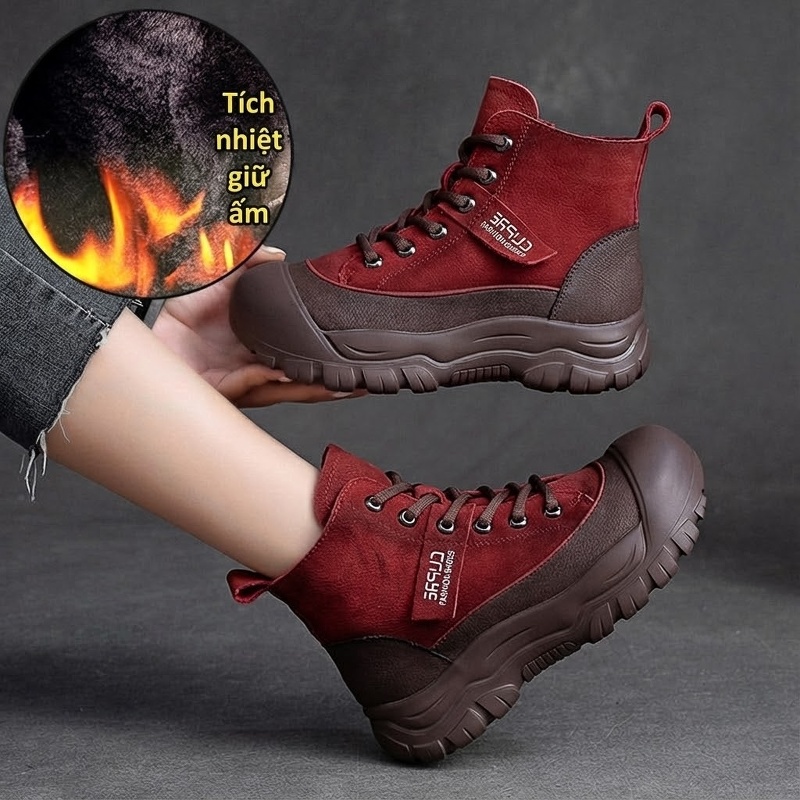 Boot Nữ Cổ Cao Da Bò Mũi Tròn Chiều Cao Đế Khoảng 5cm Màu Đỏ, Nâu