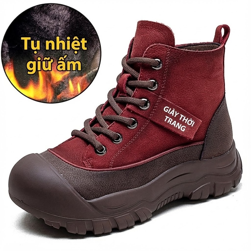 Boot Nữ Cổ Cao Da Bò Mũi Tròn Chiều Cao Đế Khoảng 5cm Màu Đỏ, Nâu