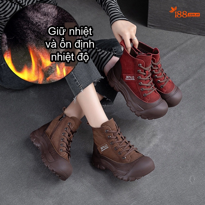 Boot Nữ Cổ Cao Da Bò Mũi Tròn Chiều Cao Đế Khoảng 5cm Màu Đỏ, Nâu